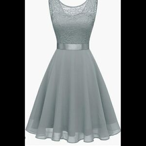 BeryLove Light Gray Lavender Floral Lace Top Chiffon Skirt w/Satin Belt Dress L